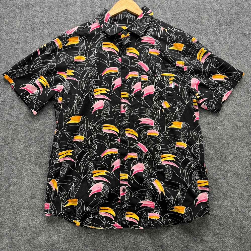 Hurley Button-Up Shirt Men's Size L Black Short Sleeve Toucan Tropical Print